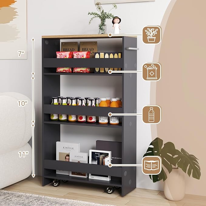 Slim Rolling Storage Cart, 4 Tier Narrow Kitchen Cart with Wheels, Between Washer and Dryer Cart, Wood Shelving Unit Organizer w/Handle for Small Spaces (Grey & Natural, 8-Inch)