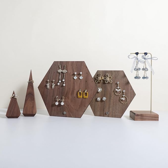 GemeShou Hexagonal Earring Organizer stand, Walnut Plywood Jewelry Display Board for Hanging earring studs, Perfect for Storing and Showcasing Your Jewelry Collection【Set of Two Size】
