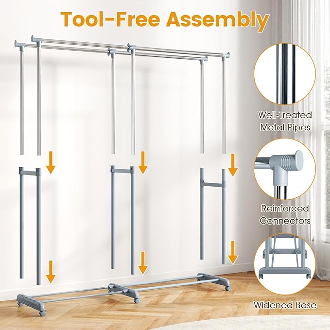 COSTWAY Double Rod Clothing Rack, Heavy-Duty Metal Garment Rack with Extendable Height & Width, Adjustable Rolling Closet Rack for Hanging Clothes with Wheels for Dressing Room, Laundry, Living Room