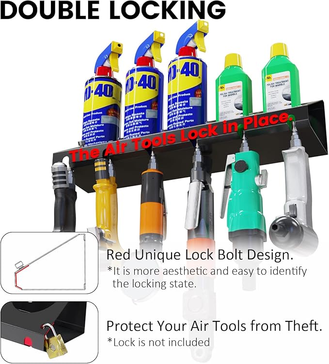 UNITEDPOWER Pneumatic Tool Holder Lockable/Aerosol Rack Combo, Wall Mounted Spray Can Bottle Holder, Air tool organizer, for Garage and Workspace, 5 Cans and 6 slots
