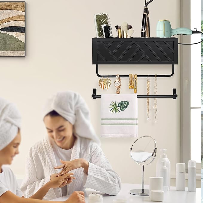 Hair Tool Organizer Wall Mount, Hair Dryer Holder with 2 Towel Bars, Wood Hot Tools Organizer, Rustic Bathroom Organizer Blow Dryer Holder for Bathroom Decor, Flat Iron, Curling Wand, Brushes(Black)