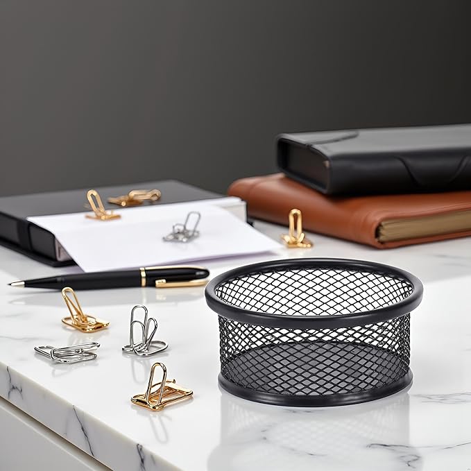 Black Metal Paper Clip Holder Mesh Paperclip Bowl Binder Clip Dispenser Desk Bobby Pin Container Organizer for Home Office Classroom School Desk Supplies Holders