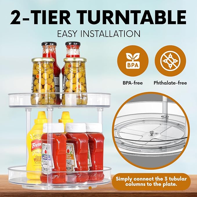 Clear Lazy Susan Turntable Organizer, Rotating Spice Rack Kitchen Pantry Organization and Storage, Medicine Cabinet Organizer, Cosmetic Makeup Organizer for Vanity, Perfume, Bathroom, Refrigerator