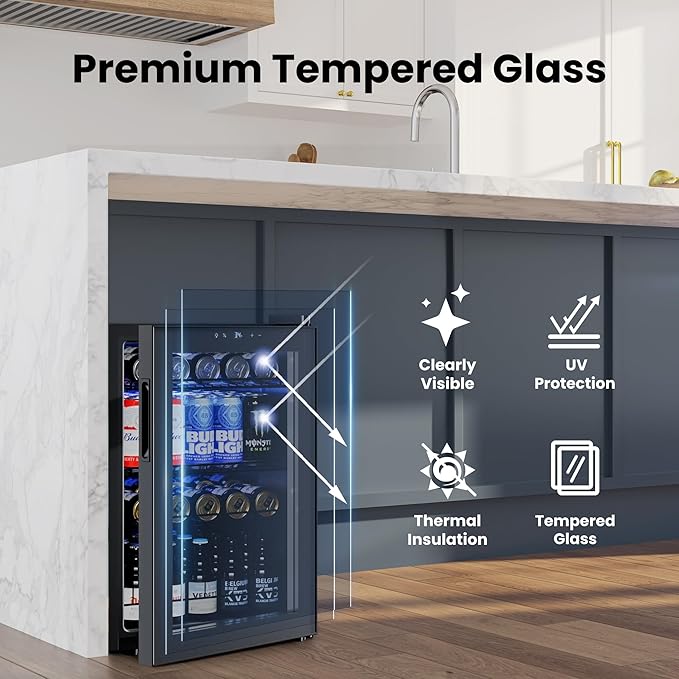 Yeego Beverage Refrigerator Cooler, 85 Cans Drink Mini Fridge with Glass Door for Soda Beer or Wine, Beverage Cooler with 34°F-54°F Digital Temperature Control for Home, Office, Bar