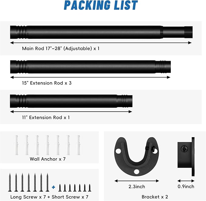Stepless Adjustable Closet Rod, 66 lb Capacity, Fits 17-84 Inch Spaces, 1.3'' Heavy-Duty Metal Closet Rods for Hanging Clothes, Ideal for Closet, Wardrobes, Laundry or Rvs, Matte Black