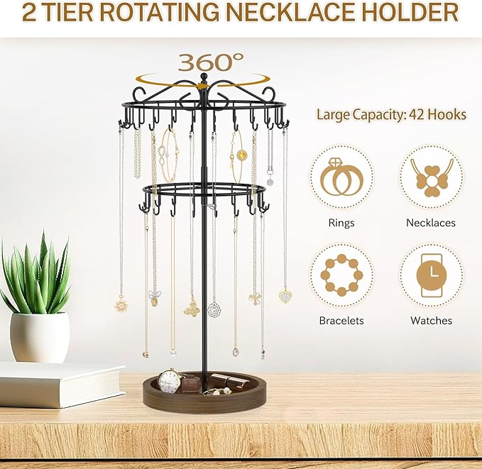 iDavosic.ly 2 Tier Rotating Necklace Holder Organizer with Wooden Jewelry Tray, Adjustable Metal Bracelet Display Stand with 42 Hooks, Extra Tall Keychain Spinning Tree Tower for Women, Black