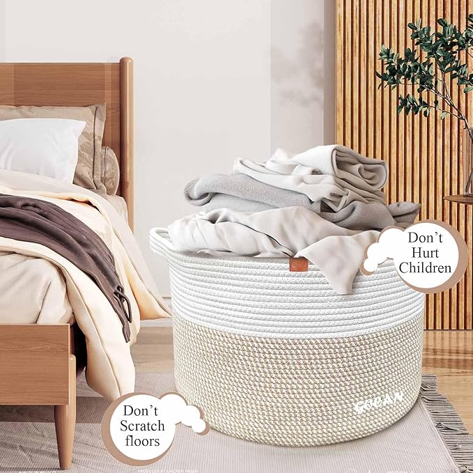Large Laundry Basket Toy Storage Blanket Basket Woven Cotton Rope Baskets with Handles for Living Room (Brown/Beige) XXXL