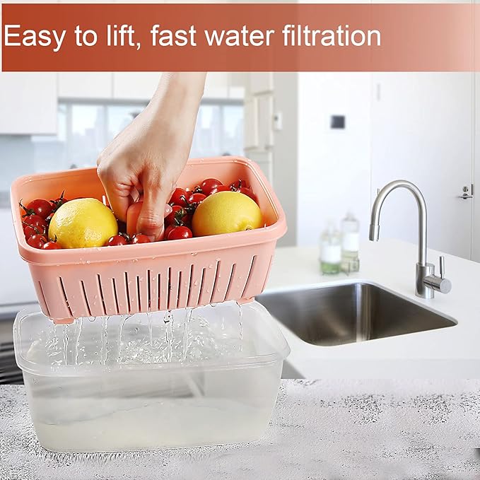 68oz Berry Keeper Fruit Storage Container for Fridge, Fresh Food Produce Saver Containers with Removable Drain Colander, Vegetable Lettuce Keeper Bowl, Refrigerator Organizer, PRESS TO OPEN CLOSE LID
