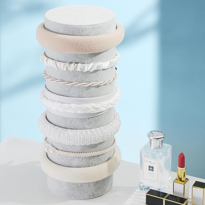 Headband Holder Organizer, Soft Velvet Tower Hairband Stand Display, Vertical Hair Hoop Accessories Jewelry Storage for Women Girls (Gray Beige Velvet)