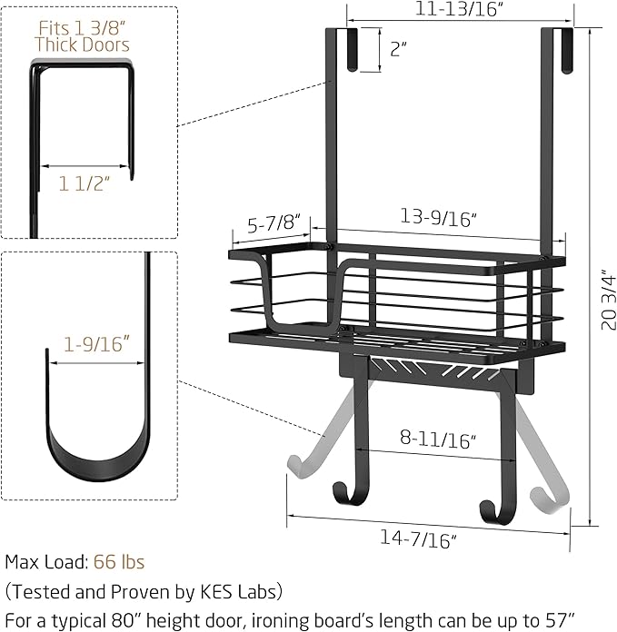 KES Over The Door Ironing Board Holder, Ironing Board Hanger Door Mount with Storage Shelf Y and T Shaped Fits for 1 3/8 Doors Matte Black, HIR501A-BK