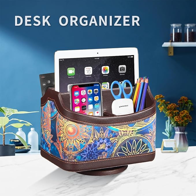 Remote Control Holder, Swivel TV Remotes Caddy for Table, Desk Accessories and Workspace Organizer for Controllers/ Art Supplies/ Stationery, Night Stand Organizers and Decorations for Living Room
