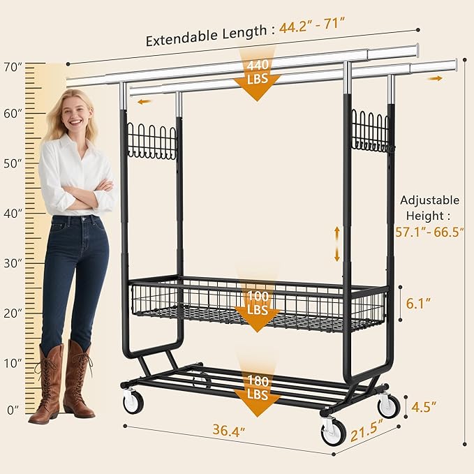 Heavy Duty Clothes Rack with Metal Basket, 720 LBS Rolling Double Rod Garment Rack, Portable Extendable Clothing Rack with Wheel for Bedroom, Laundry Room & Retail Store