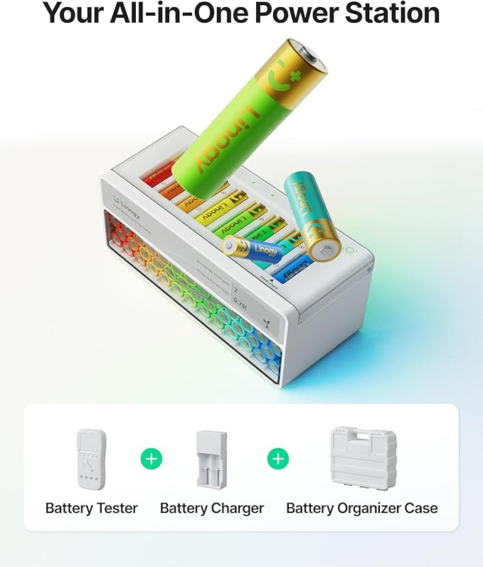 8-Slot Battery Charger Only, for AA AAA Lithium NiMH NiCd, Auto-Drop Rechargeable Battery Station with E-Ink, Storage, 3h Fast Charging, Bad Batteries Detection