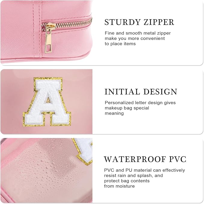 YOOLIFE Birthday Gifts | Initial Travel Makeup Bag Pouch, Clear Toiletry Bag for Women Travel Accessories Cosmetic Bag Skin Care for Teen Make Up Bags Birthday Gifts for Teacher Mom Pink B