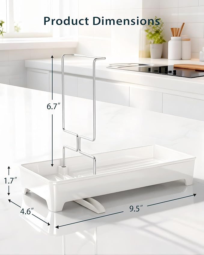 Ceramic-Look Sink Caddy, Rustproof Sponge Holder for Kitchen Sink with 304 Stainless-Steel Brush Holder, Countertop Rack Organizer with Raised Ridges & Silicone Drain Tube (Ceramic White)