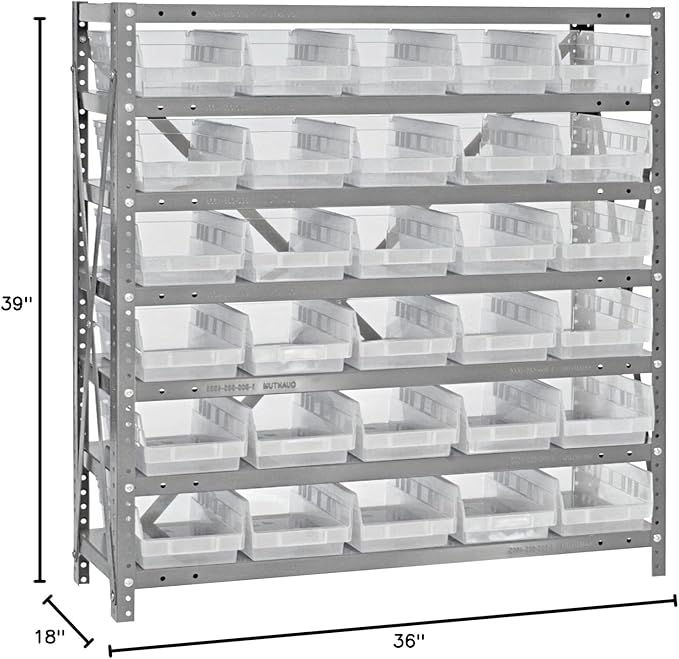 Quantum 1839-104CL Heavy Duty Shelving Unit with (7) Shelves and (30) Clear QSB104 Bins for Garage Warehouse Storage Distribution | 400 lb Load Capacity | 18"D x 36"L x 39"H, Galvanized Carbon Steel