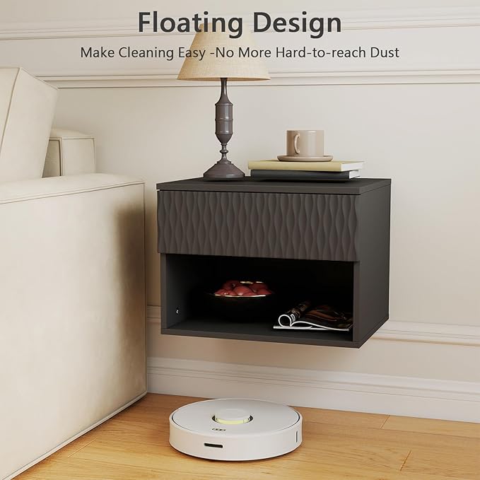 Vibe & Dine Floating Nightstand Set of 2, Wall Mounted Night Stand with Wavy Pattern Design, Modern Bedside Tables with Drawers for Bedroom, Easy Assembly, Black