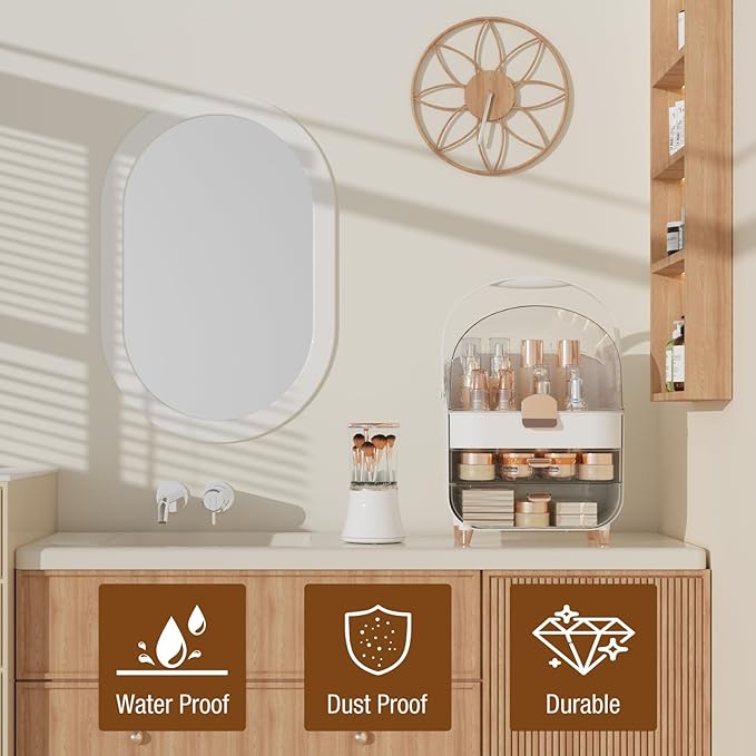 Makeup Organizer Countertop & Makeup Brush Holder with Lid 360 Rotating Clear Dustproof Skincare Holder for Vanity Bathroom Countertop, Ideal Gifts for Women, Transparent, Rose Gold