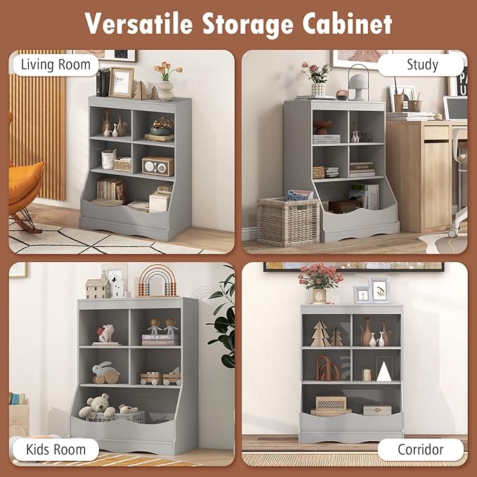 Storage Organizer, Small Bookcase w/ 4 Open Cubes & 1 Bottom Compartment, Anti-Tipping Device, Foot Pads, Low Cube Bookshelf for Bedroom, Living Room, Playroom, Study, Small Spaces (Gray)