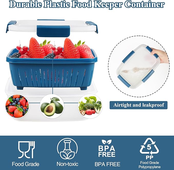 68oz Berry Keeper Fruit Storage Container for Fridge, Fresh Food Produce Saver Containers with Removable Drain Colander, Vegetable Lettuce Keeper Bowl Refrigerator Organizer, PRESS TO OPEN CLOSE LID