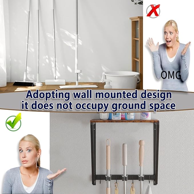 Wall-mounted broom and mop storage rack, equipped with mop, broom hanger and grab hooks for cleaning supplies, suitable for kitchens, laundry rooms, garages, utility rooms, closets, etc.