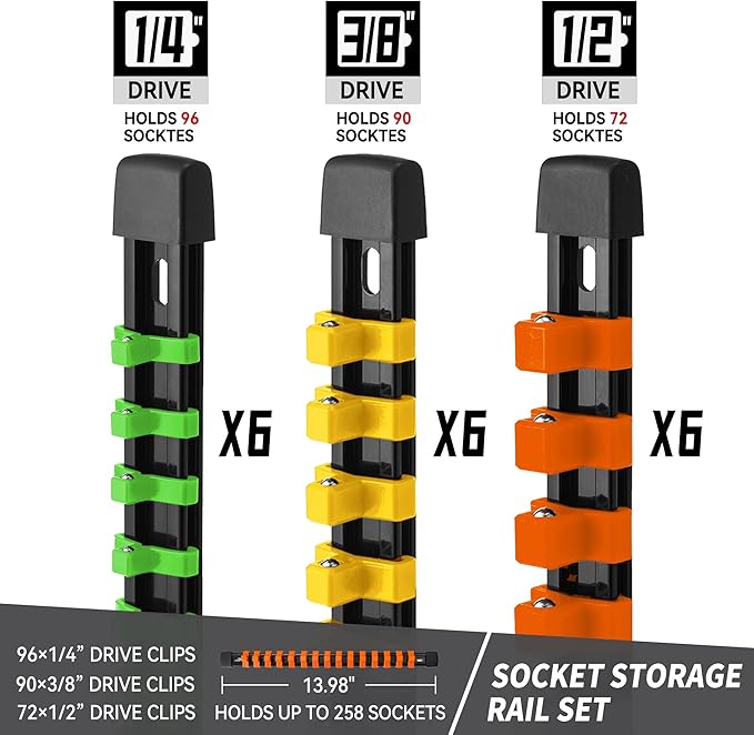 Socket Organizer Drive ABS Tools - Socket Holder, Premium Quality 18 Pieces Socket Holders Kit 1/4-Inch x 96 Clips, 3/8-Inch x 90 Clips, 1/2-Inch x 72 Clips（18PC,Mix-color)