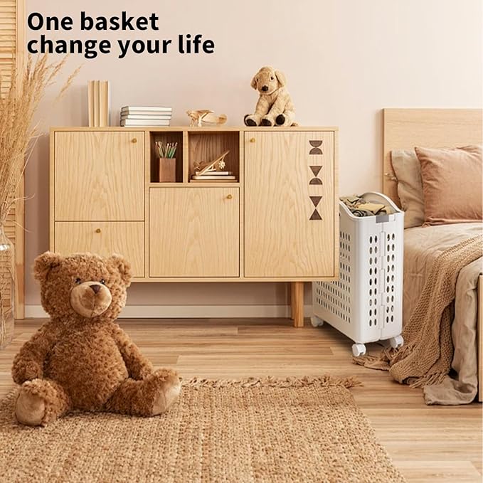 Rolling Laundry Hamper with Wheels - 14W×7.5D×21H Ventilated Plastic Laundry Basket, White Storage Bin with Handles for Small Spaces, Bedroom & Bathroom