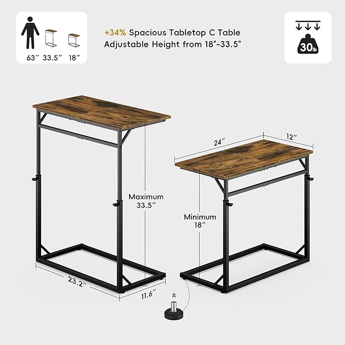 Vagusicc C Shaped End Table, Tall Side Table for Couch, C-Table End Table Adjustable Height Side Tables, Large Surface Sofa Tables TV Tray, Slide Under Couch Tables for Sofa, Living Room,Bedroom,Brown
