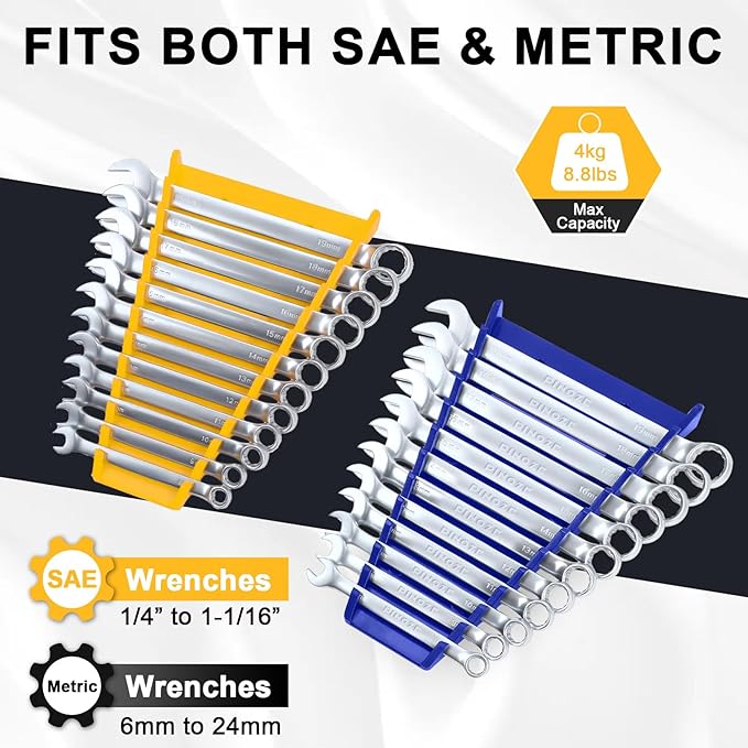 4-Pack Magnetic Wrench Organizer, 48-Slot Wrench Rack Tool Trays, Durable ABS Wrench Holder for Tool Box Drawer Chest, SAE (1/4" to 1-1/16") & Metric (6 to 24mm), Yellow/Blue