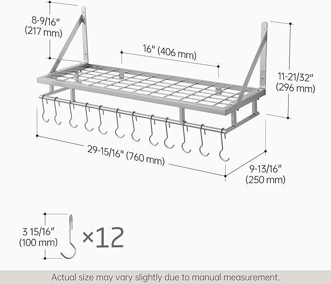 KES 30-Inch Silver Gray Pot Rack, Wall Mounted Hanging Pot and Pan Organizer with 12 Sturdy Hooks, Kitchen Wall Hanger Shelves Modern, KUR215S75A-SG