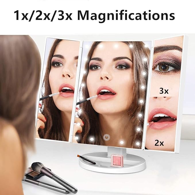 Tri-fold Lighted Vanity Makeup Mirror with 3x/2x Magnification,21 LEDs Light and Touch Screen,180 Degree Free Rotation Countertop Cosmetic Mirror,Travel (White)