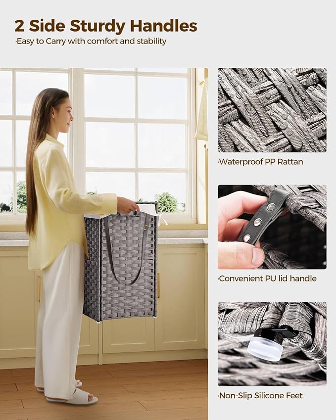 Greenstell Laundry Hamper with Wheels, No Install Needed, 90L Divided Handwoven Hampers & 2 Removable Liner Bags, Rattan Clothes Laundry Basket with Lid & Handles, Foldable Hampers Gray 18x13x26.4 In