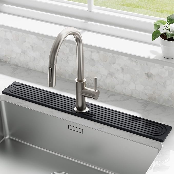 DK177 Faucet Mat for Kitchen Sink - Water Absorbing Stone Tray for Sink, Diatomite Fast-Drying Faucet Mat, Faucet Splash Guard for Bathroom Counter (Dark Gray, 30" x 4")