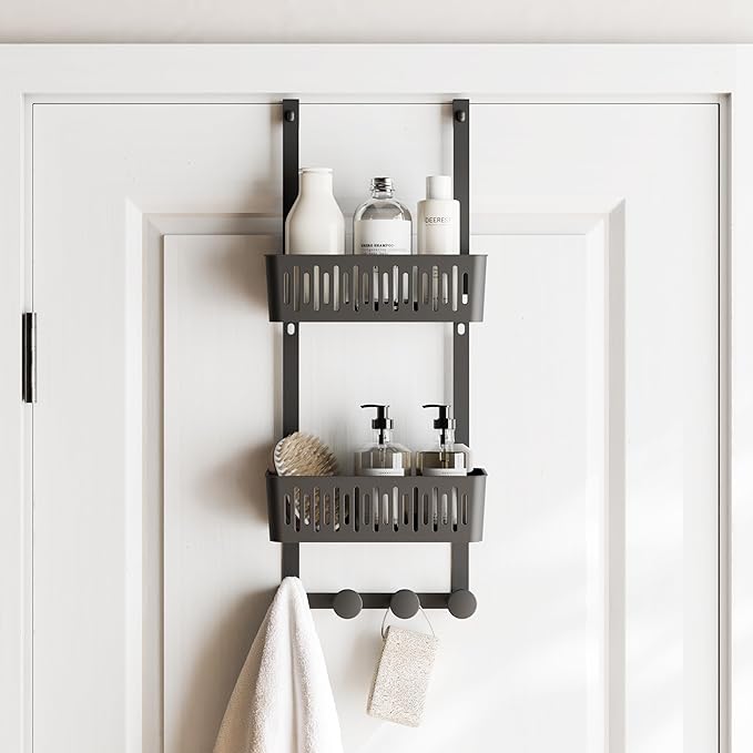 Zenna Home SnugFit Over the Door Caddy Organizer with 2 Storage Baskets and 4 Hooks, Over Door Hanging Organizer for Bathroom, Kitchen, Bedroom, Closet, Easy to Install, No Drilling, Black