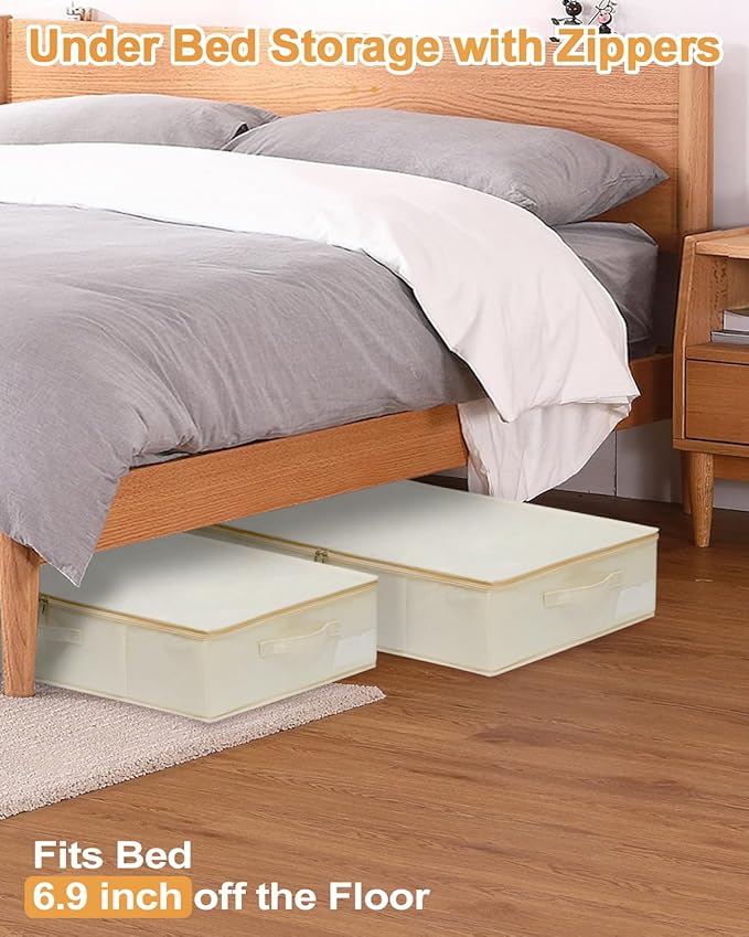 punemi Underbed Storage, 2 Pack Clothing Storage Bags W/Upgraded Handles, Large Capacity Underbed Shoe Container Organizer, Dorm Essentials Bins for Blanket, Pillows, Comforters & Quilts, Beige