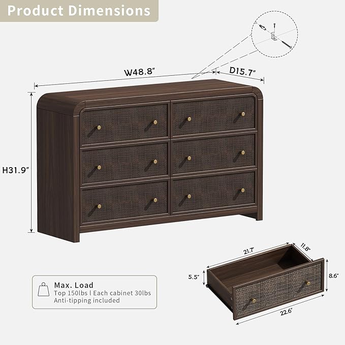 Oak&Sparrow 6 Drawer Dresser for Bedroom, 49'' Rattan Dresser with Ample Storage, Boho Chest of Drawers, Thickened Curved Profile Design, Dark Walnut Dressers for Bedroom, Living Room