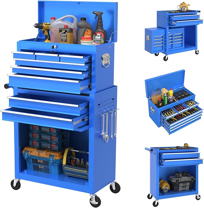8-Drawer Heavy Duty Tool Chest with Wheels - Industrial Rolling Tool Box, Lockable Drawers & Smooth Glide System for Mechanics, Garage, Auto Repair Shop(Blue)