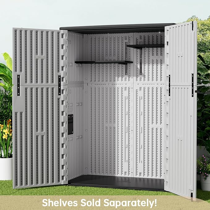 KINYING Outdoor Vertical Storage Shed,57 Cu.ft Outdoor Storage Cabinet Waterproof,Resin Sheds & Outdoor Storage for Garden,Patio,Backyard,Lockable (Grey Color)