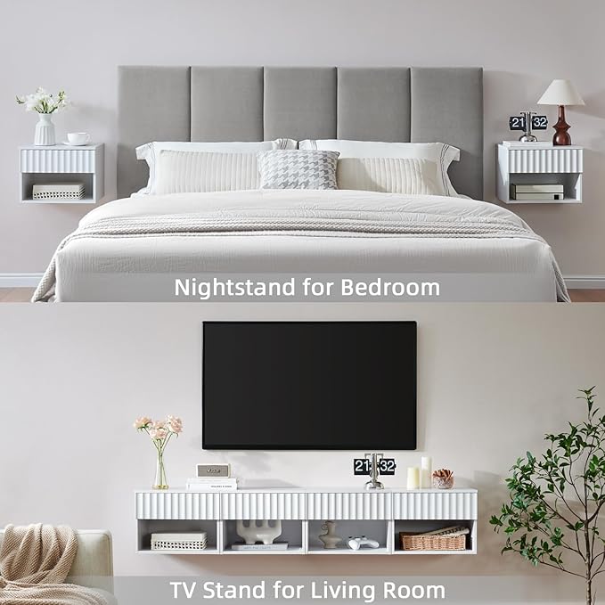 Floating Nightstand with Fluted Drawer - Modern Wall Mounted Bedside Table with Open Storage Shelf, Small Night Stand TV Stand for Bedroom(Matte White, Set of 2)