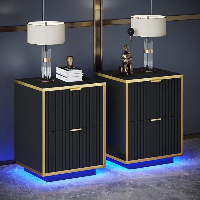 Black Nightstand Set of 2, Fluted End Table with LED, Modern Night Stand with Floating Base, Bedside Table with Storage, End Table with Drawers for Bedroom, Black and Gold