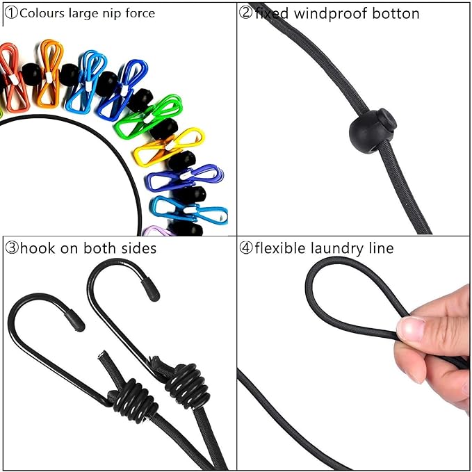 2 Pack Portable Clothesline with 12 Clothespins, Windproof Travel Clothesline Stretchy Retractable Elastic Laundry Clothes Line for Backyard, Vacation Hotel, Balcony Clothes Drying Line