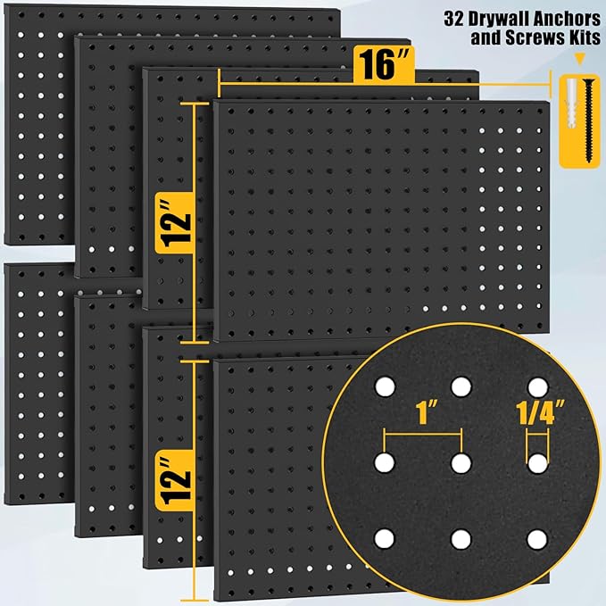 PBHEPJ 8 Pcs Metal Pegboard Panels, Heavy Duty Peg Boards for Garage and Garden Tool Storage, Includes Drywall Anchors and Screws Kits, Black (8 pcs 16in x 12in)