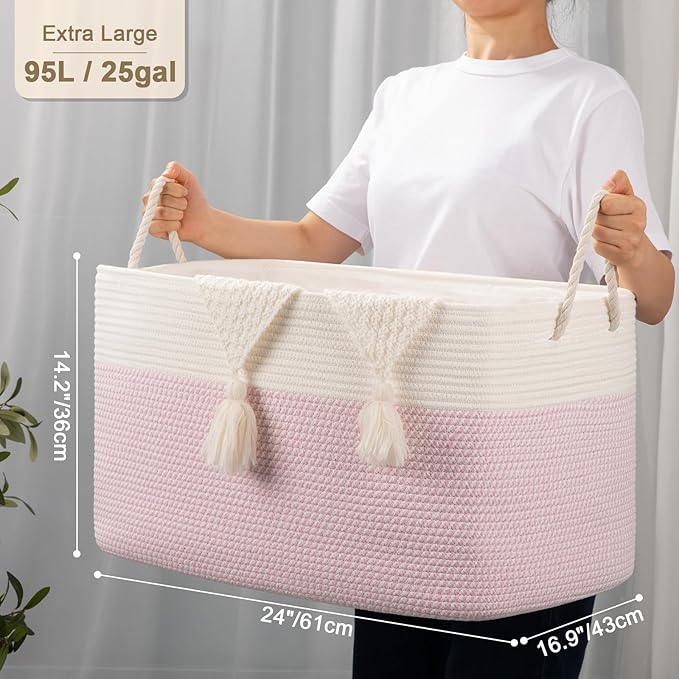 95L Extra Large Blanket Basket with Lid, 24" x 16.9" x 14.2" Woven Storage Basket for Living Room, Rectangle Nursery Blanket Storage for Toys, Towels, Dirty Clothes, Pink & White