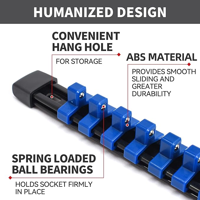 Socket Organizer Drive ABS Tools - Socket Holder, Premium Quality 6 Pieces Socket Holders Kit 1/4-Inch x 32 Clips, 3/8-Inch x 30 Clips, 1/2-Inch x 24 Clips