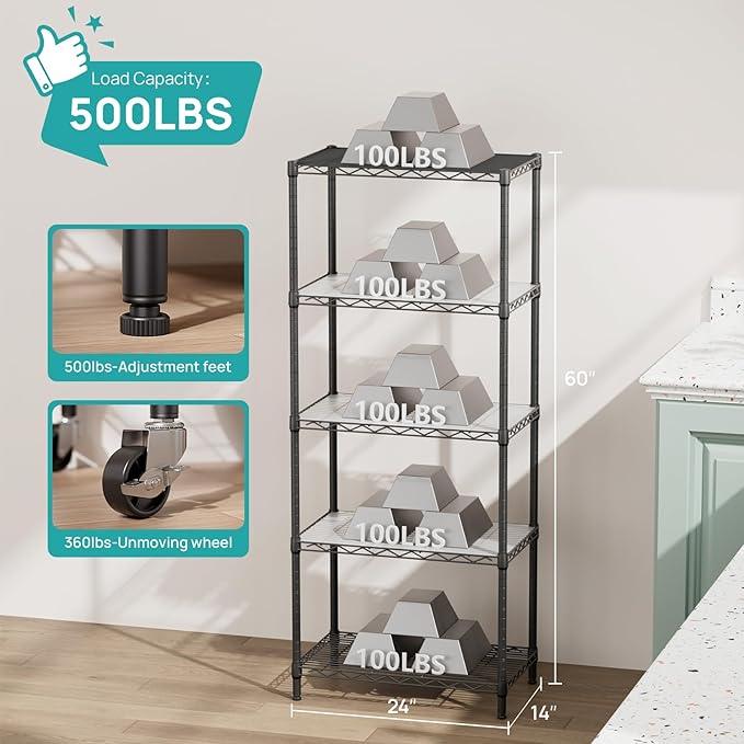 SINGAYE Shelf Closet Wire Shelving：Adjustable Metal Unit for Laundry Room Organization Bathroom Kitchen Home Storage with Wheels Pantry Rack Shelves