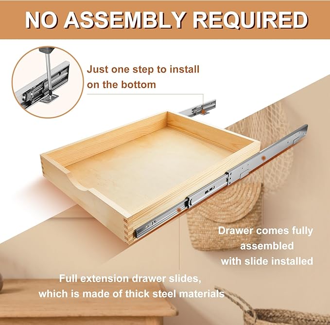 Menkxi 2 Set Pull out Tray Cabinet Organizer Wooden Pull Drawers storage Slide out Pantry Shelf for Base Cabinet Kitchen Gentle Close Fully Assembled Accessories(Wood Color,18'' X 21'' X 3'')