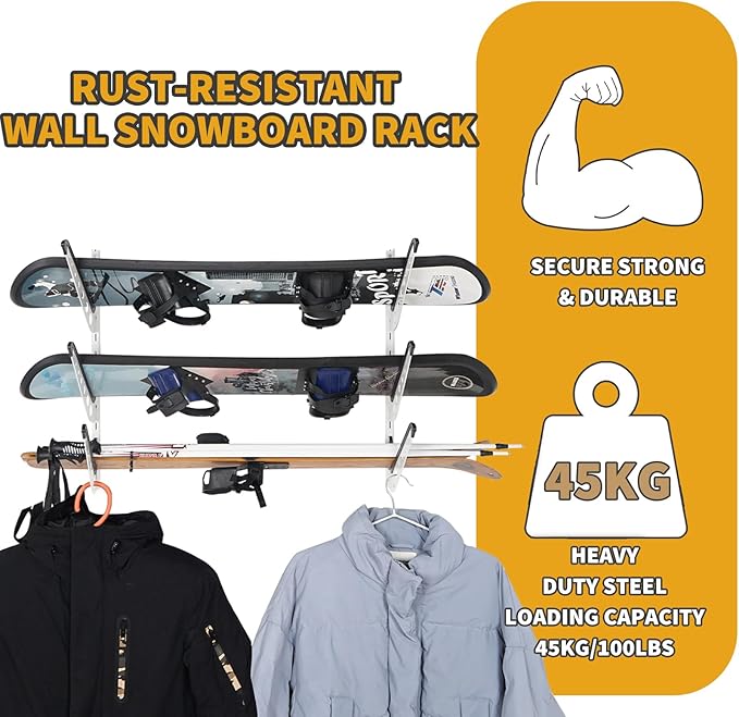 Snowboard Wall Racks, Adjustable Storage Rack for Ski, Surfboard, Wakeboard, Snowboard Wall Mount Display, White/Black