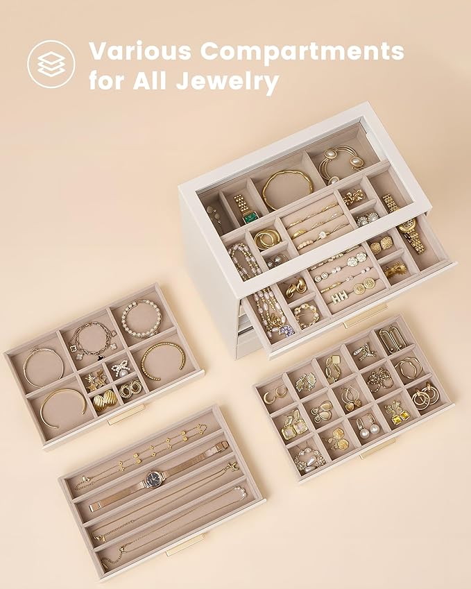 Lolalet Jewelry Box Organizer, 8-Layer Jewelry Organizers and Storage Case with Glass Lid, Ring Earring Bracelet Necklace Holder Organizer, Birthday Christmas Gifts for Women Girls -8Layer, Beige