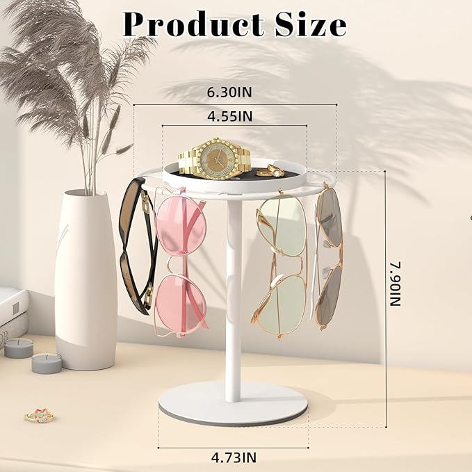 LSK Metal Sunglasses Organizer, Glasses Holder Stand with Storgae Tray, Eyeglasses Holder with Anti-Slip Pads for Tabletop, Desk, Dresser, White