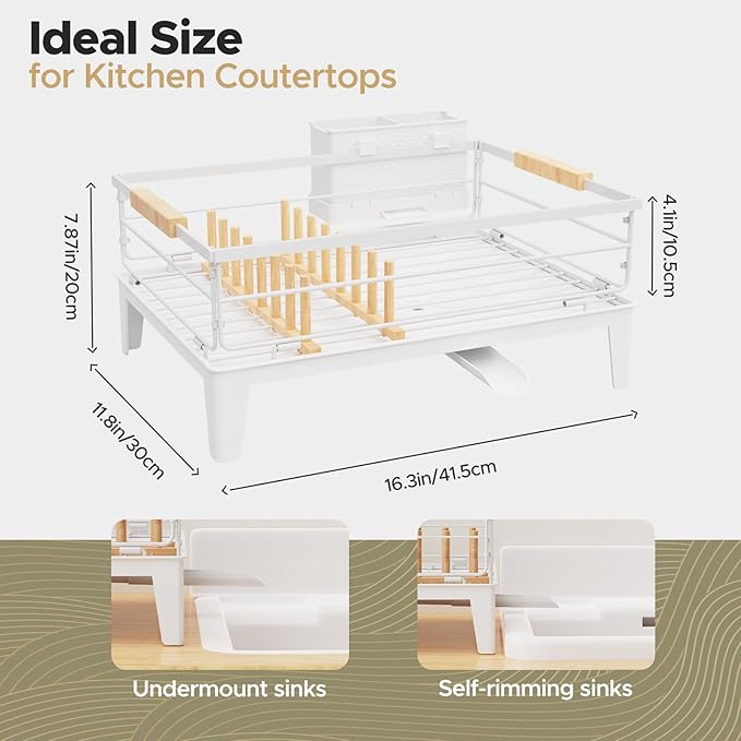 JYPS Dish Drying Rack for Kitchen Counter Decor with Drainboard Auto-Drain，Rustproof Dish Rack Drainers with Utensil Holder, Wooden Handles，360° Rotatable Drainer, Higher Legs (White)